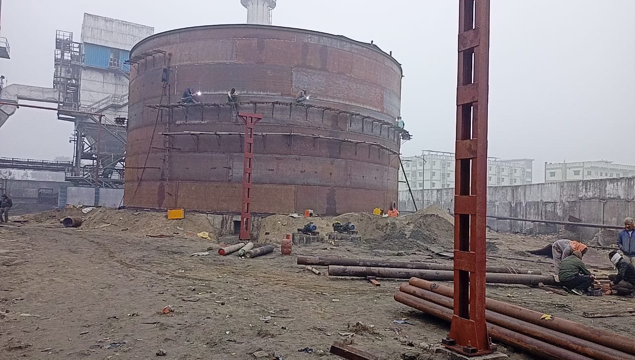 Structural steel and RCC framework during industrial plant construction